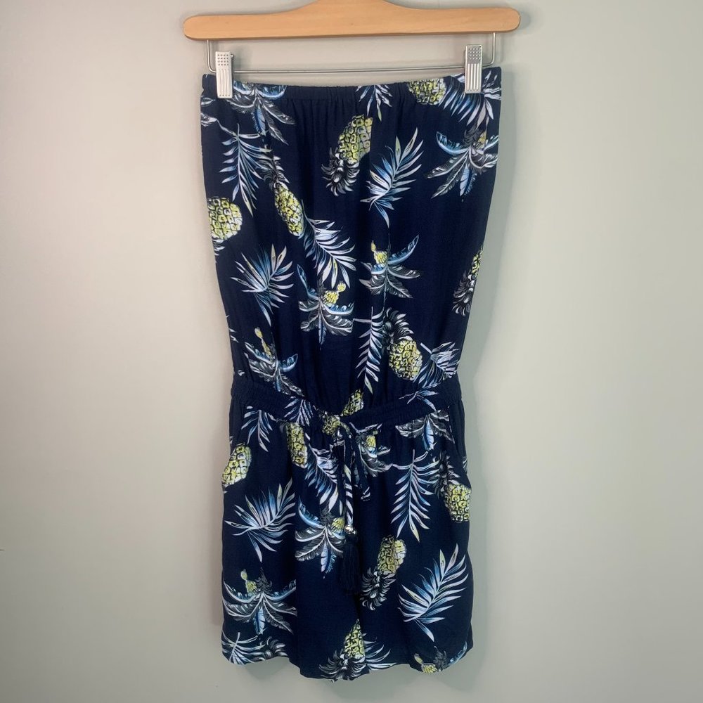 Navy blue island Tropical‎ Pineapple Palm Strapless Romper Cover-up with Pockets